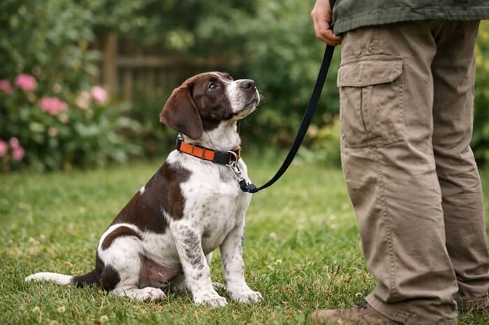 education de base chiot chien de chasse rappel assis